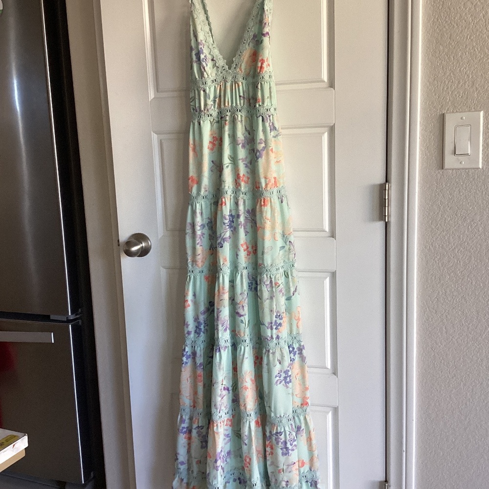 Alice + Olivia Mint Floral Maxi Dress with Peach and Lavender Accents